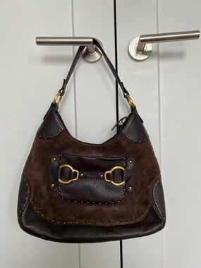 Cole Haan Brown Suede and Leather Hobo Bag with Gold Hardware
